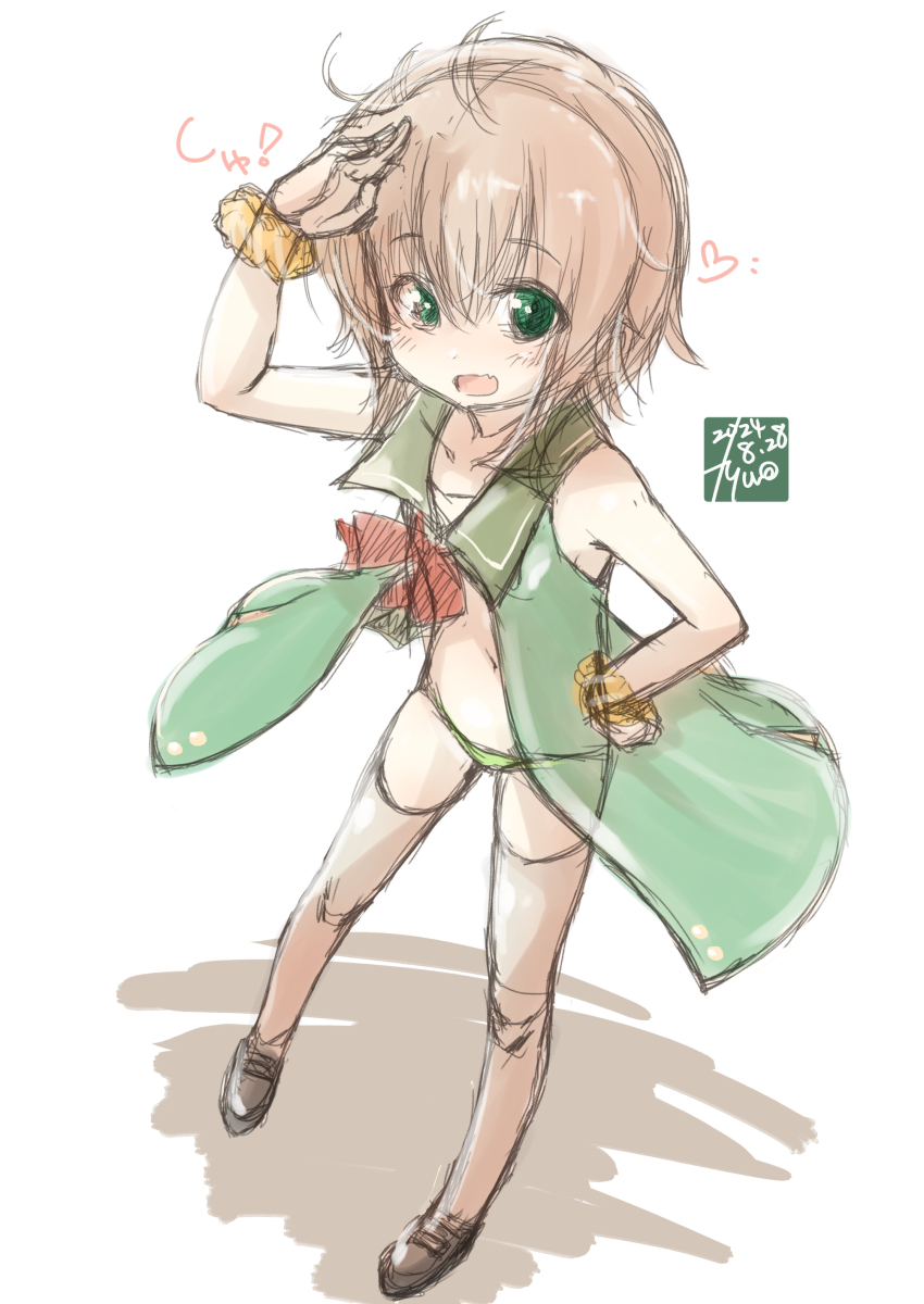 absurdres adapted_costume bow bowtie brown_thighhighs coat full_body fyuo green_coat green_eyes green_panties green_sailor_collar highres kantai_collection light_brown_hair panties red_bow red_bowtie sailor_collar scrunchie see-through_clothes see-through_coat shading_eyes shimushu_(kancolle) short_hair simple_background sleeveless sleeveless_coat standing thighhighs underwear white_background wrist_scrunchie