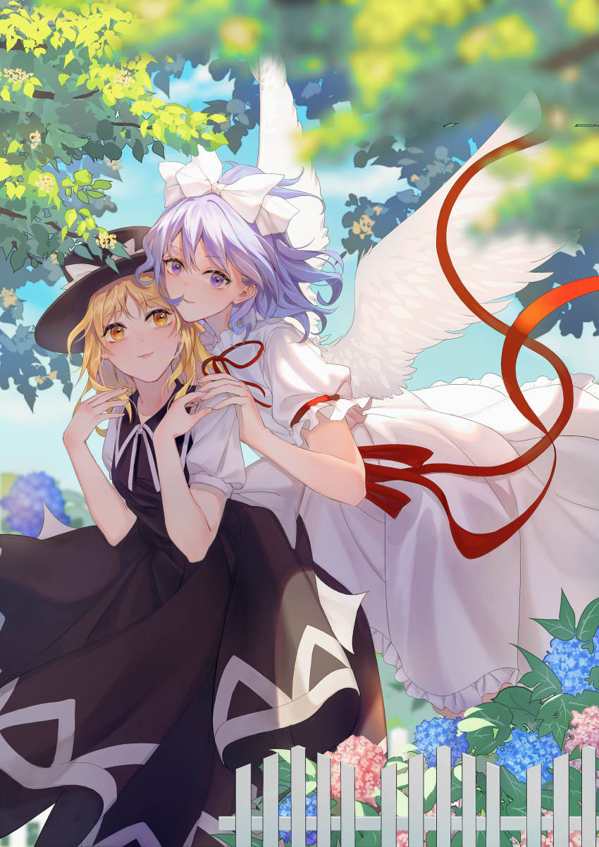 2girls absurdres behind_another black_hair black_skirt black_vest blonde_hair blue_hair blue_sky blurry blurry_foreground branch capelet cloud day dress feathered_wings fence floating flower hair_ribbon hand_on_another&#039;s_shoulder hands_on_own_shoulders hat hat_ribbon heads_together highres houraisan_chouko hydrangea mai_(touhou) multiple_girls outdoors parted_bangs picket_fence ponytail puffy_short_sleeves puffy_sleeves purple_eyes ribbon shirt short_hair short_ponytail short_sleeves skirt sky smile standing touhou touhou_(pc-98) vest white_dress white_shirt wind wind_lift wings wooden_fence yellow_eyes yuki_(touhou)