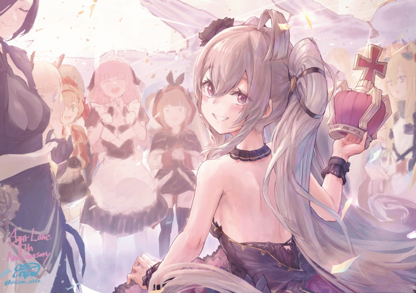 1girl absurdres ahoge ark_royal_(azur_lane) ark_royal_(guardian_of_the_ball)_(azur_lane) azur_lane back blonde_hair blue_eyes blush commentary_request crown eicam grey_hair highres huge_filesize long_hair looking_at_viewer multiple_girls norfolk_(azur_lane) signature simple_background southampton_(azur_lane) suffolk_(azur_lane) suffolk_(retrofit)_(azur_lane) twintails valiant_(azur_lane) valiant_(queen_valiant_i)_(azur_lane) warspite_(azur_lane) white_background