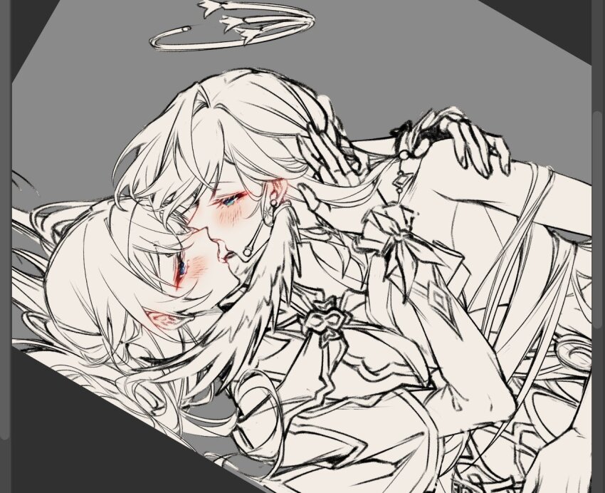 2girls art_program_in_frame blue_eyes blush commentary dutch_angle english_commentary firefly_(honkai:_star_rail) green_eyes greyscale halo hand_on_another&#039;s_face hand_on_another&#039;s_shoulder head_wings honkai:_star_rail honkai_(series) long_hair monochrome multiple_girls robin_(honkai:_star_rail) sieka_(piiroinardesco) spot_color unfinished wings yuri
