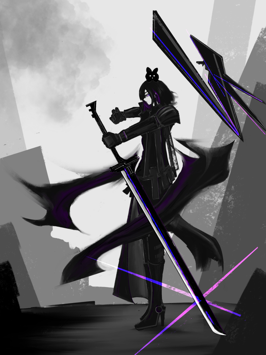 1girl absurdres animal animal_on_head black_hair boots from_side glint high_heel_boots high_heels highres holding holding_weapon on_head original outdoors riz_kira roman_numeral serious short_hair weapon
