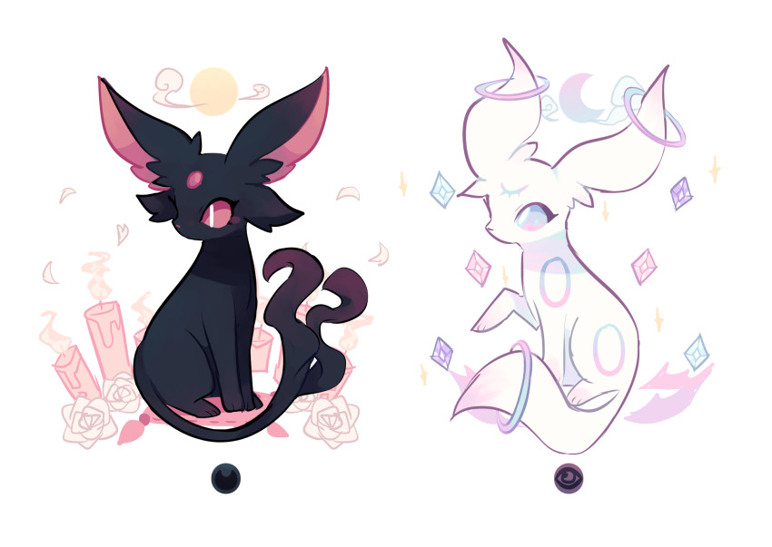 alternate_element animal_focus black_fur blue_eyes blue_gemstone blue_halo blue_sclera bright_pupils candle charamells colored_sclera commentary crescent_moon english_commentary espeon facial_mark flower forehead_mark forked_tail full_body gem gen_2_pokemon gradient_eyes halo highres looking_to_the_side moon multicolored_eyes nintendo no_humans one_eye_closed pastel_colors paw_up petals pink_eyes pink_gemstone pink_halo pink_sclera pokemon pokemon_(creature) purple_gemstone rose simple_background sitting sun tail third_eye umbreon white_background white_flower white_fur white_petals white_pupils white_rose