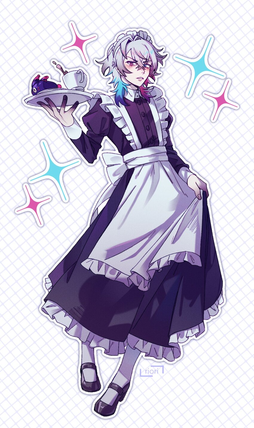 1boy alternate_costume annoyed apron bishounen black_dress blue_eyes blue_hair blush commentary creature crossdressing cup dress english_commentary enmaided full_body gavis_bettel grey_hair hair_between_eyes heterochromia highres holding holding_tray holostars holostars_english long_sleeves looking_at_viewer maid maid_apron maid_headdress male_focus male_maid medium_hair multicolored_hair outline pantyhose parted_lips phantom_(gavis_bettel) pink_eyes pink_hair riori shy simple_background solo sparkle spilling standing tray virtual_youtuber white_outline white_pantyhose