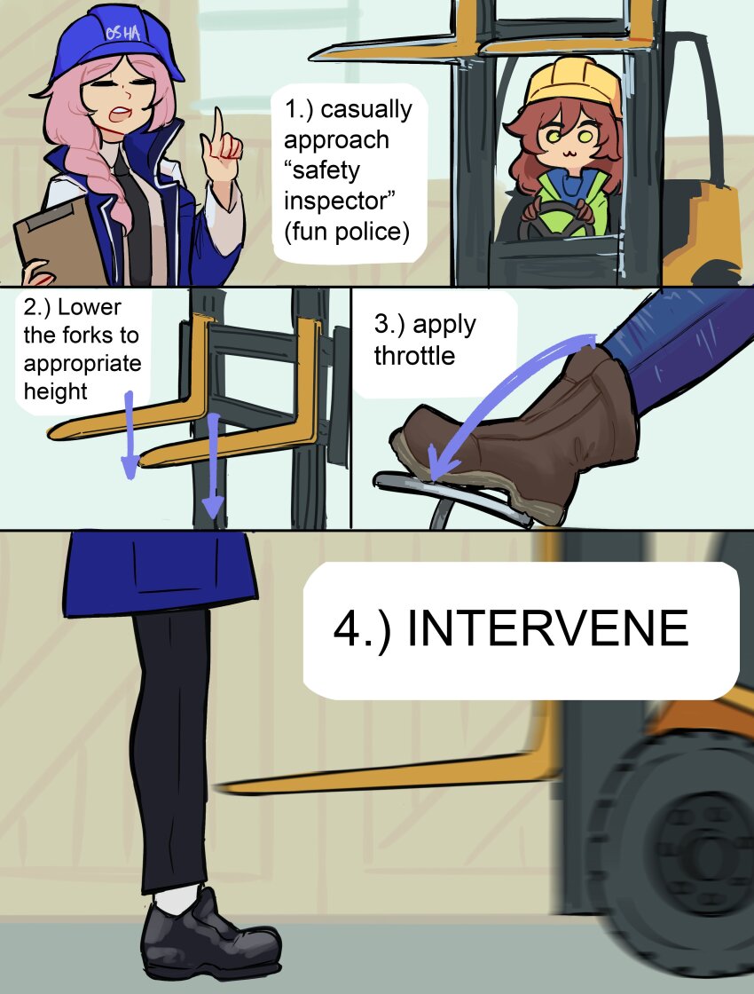 2girls :3 absurdres accident arrow_(symbol) black_footwear black_pants blue_helmet blue_jacket blue_pants boots braid brown_footwear brown_gloves brown_hair casually_approach_child_(meme) centurii-chan character_request clipboard closed_eyes denim engineer_(centurii-chan) english_text forklift gloves grey_hair hair_over_shoulder hard_hat helmet highres holding holding_clipboard imminent_injury jacket jeans long_hair meme motor_vehicle multiple_girls open_mouth original osha pants pointing pointing_up single_braid wheel yellow_eyes yellow_helmet