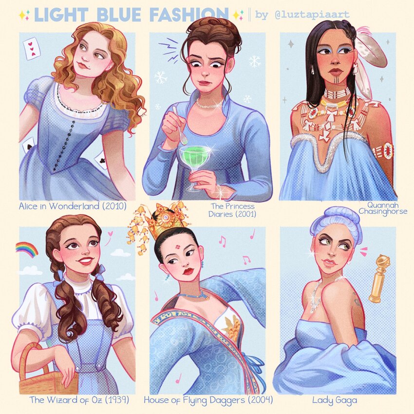 6+girls alice&#039;s_adventures_in_wonderland alice_(alice_in_wonderland) alice_in_wonderland_(tim_burton) alice_kingsleigh asian basket black_hair blonde_hair blue_dress blue_hair blue_ribbon blue_theme breasts brown_hair character_name cleavage clothing_request copyright_name crown dark-skinned_female dark_skin dorothy_gale dress fashion feather_hair_ornament feathers hair_bun hair_ornament hair_ribbon highres house_of_flying_daggers jewelry lady_gaga lady_gaga_(copyright) long_hair long_sleeves low_twintails luztapiaart makeup mei_(house_of_flying_daggers) mia_thermopolis multiple_girls native_american necklace quannah_chasinghorse real_life ribbon shirt short_hair single_hair_bun the_princess_diaries the_wizard_of_oz twintails wavy_hair white_shirt