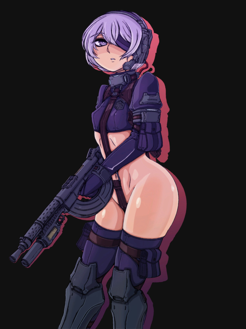 1girl arm_pouch armor armored_boots ass assault_rifle black_bow boots bow crotch_strap doekuramori female_focus gloves greaves gun hair_between_eyes headgear holding holding_gun holding_rifle holding_weapon holster martyr_(the_citadel) matching_hair/eyes official_art one_eye_covered open_mouth pouch purple_eyes purple_gloves purple_hair rifle solo solo_focus standing the_citadel thigh_pouch thigh_strap thighhighs weapon