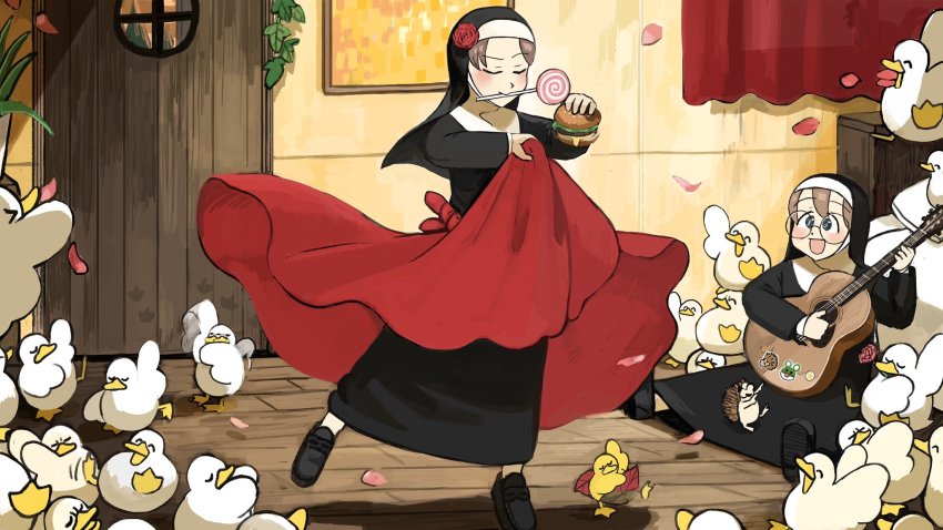 &gt;_&lt; 2girls :d ^_^ bed bird black_footwear blue_eyes brown_hair burger candy chicken closed_eyes commentary curtains dancing diva_(hyxpk) door duck duckling english_commentary flamenco flower food glasses glasses_nun_(diva) guitar habit hair_flower hair_ornament hanging_plant hedgehog highres holding holding_food holding_instrument hungry_nun_(diva) instrument leaf little_nuns_(diva) loafers lollipop mouth_hold multiple_girls music nun open_mouth painting_(object) petals picture_frame pillow plant playing_instrument potted_plant red_hair rose rose_petals shoes silhouette slice_of_life smile swirl_lollipop traditional_nun u_u