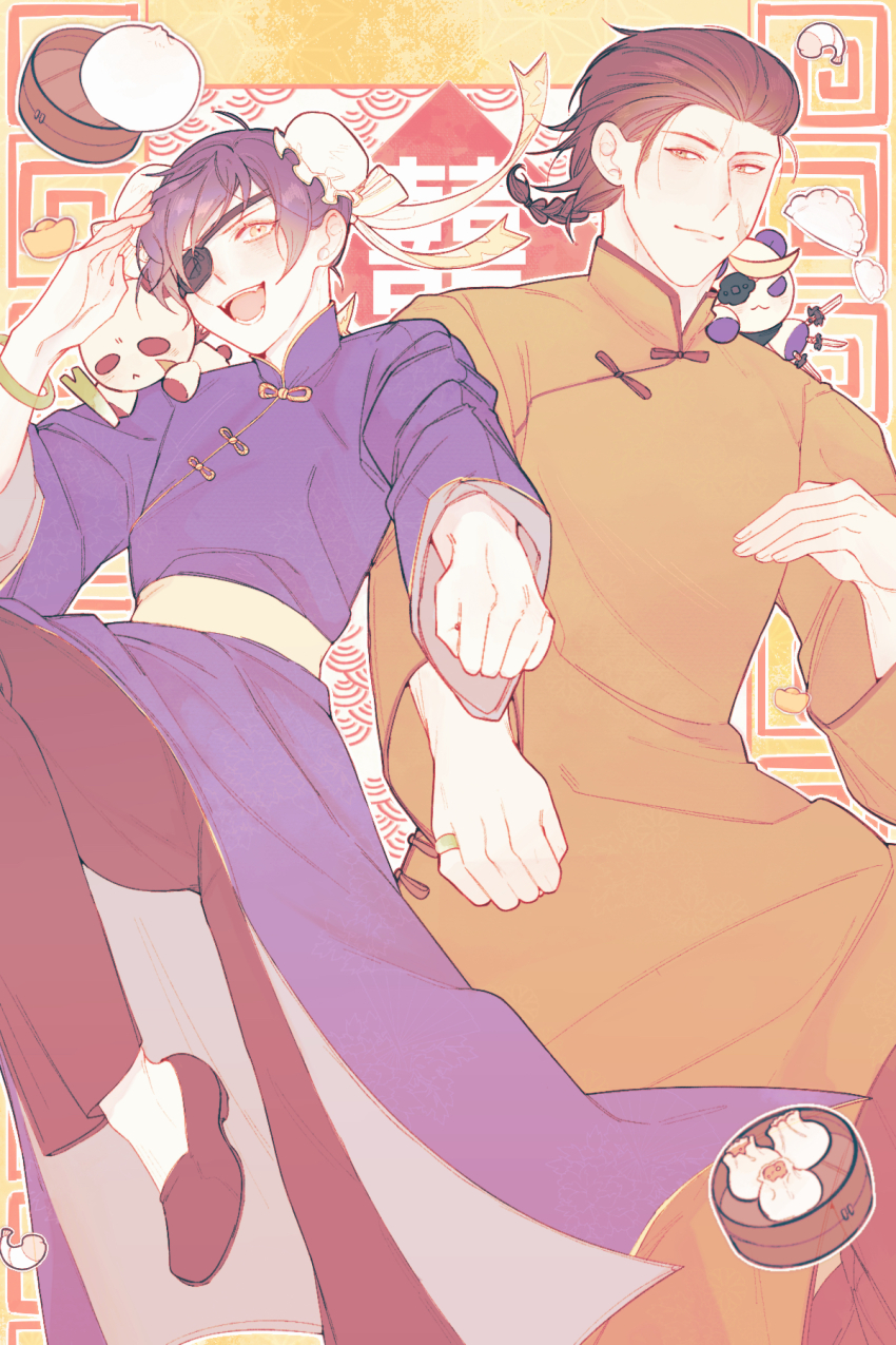 2boys :d alternate_hairstyle blue_hair braid brown_hair bun_cover chinese_clothes clenched_hand date_masamune_(sengoku_basara) double_bun dumpling facial_scar food gakuen_basara hair_bun highres hikatwinkle katakura_kojuurou_(sengoku_basara) leg_up male_focus multiple_boys official_alternate_costume open_mouth panda scar scar_on_cheek scar_on_face sengoku_basara smile
