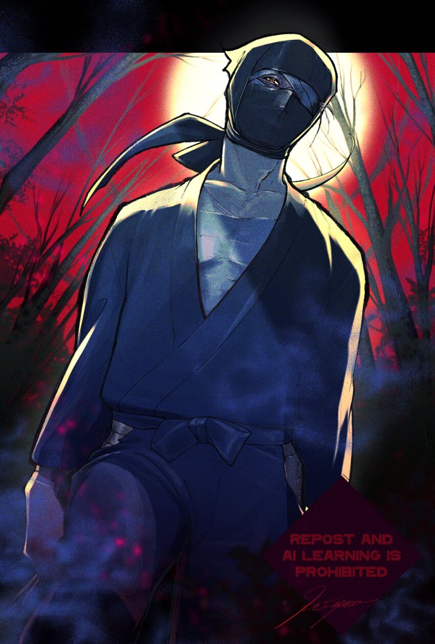 1boy bandaged_head bandages bare_tree collarbone commentary_request forest full_moon highres japanese_clothes looking_at_viewer male_focus mask mizuna237 moon nature outdoors rakudai_ninja_rantarou red_eyes red_sky signature sky smoke solo tree zatto_konnamon