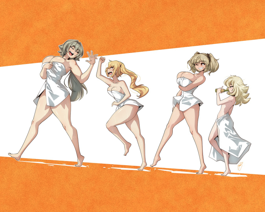 4girls blonde_hair bottle breasts brown_hair burnice_white caesar_king_(zenless_zone_zero) drinking green_hair holding holding_bottle large_breasts long_hair luciana_de_montefio medium_hair multiple_girls naked_towel one_eye_closed piper_wheel ryou_sakai short_hair small_breasts topless_female towel zenless_zone_zero