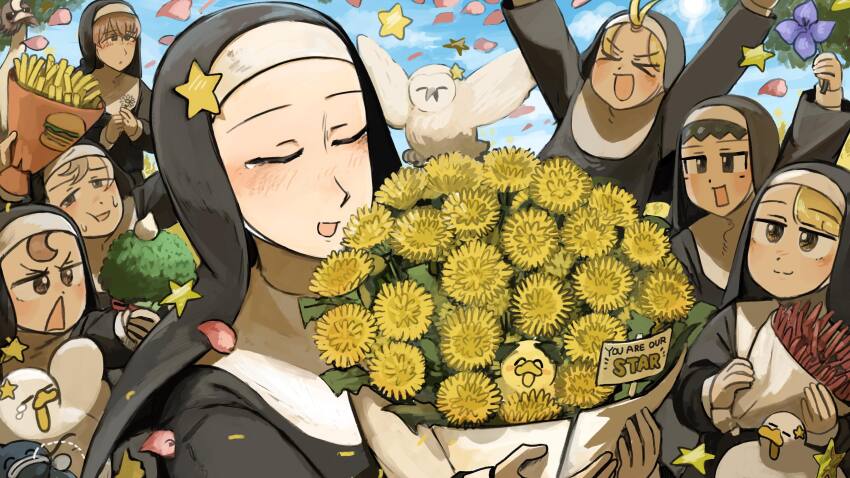 &gt;_&lt; 6+girls :d angular_nun_(diva) bird blonde_hair bouquet broccoli brown_eyes brown_hair catfish chicken chili_pepper closed_eyes clumsy_nun_(diva) commentary dandelion diva_(hyxpk) duck duckling english_commentary fish flower froggy_nun_(diva) grey_hair highres laidback_nun_(diva) little_nuns_(diva) multiple_girls nun open_mouth ostrich owl rectangular_mouth shy_nun_(diva) smile spicy_nun_(diva) star_ornament traditional_nun triangle_mouth yellow_eyes