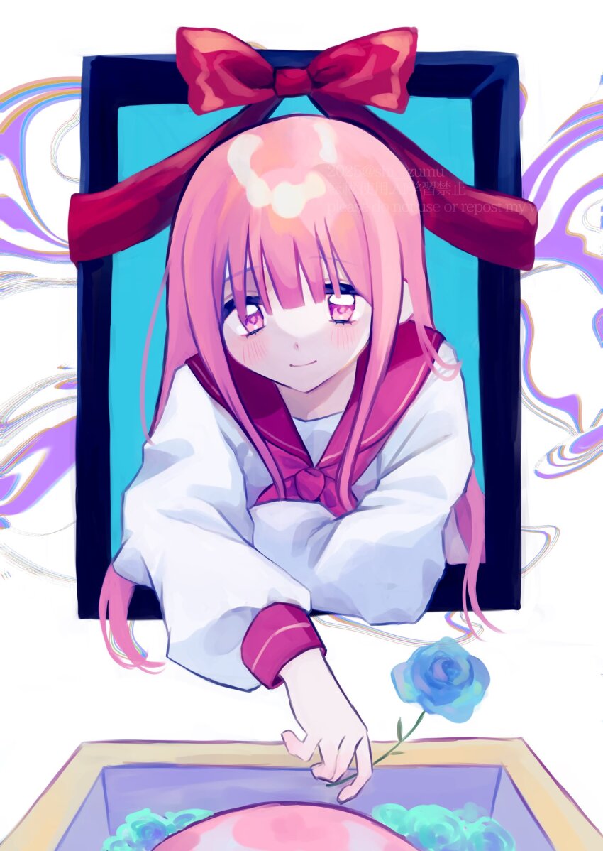 1girl abstract_background blue_flower blue_rose blush bow closed_mouth commentary_request flower hair_between_eyes highres holding holding_flower iei long_hair long_sleeves looking_at_viewer neckerchief original picture_frame pink_eyes pink_hair pink_neckerchief pink_sailor_collar pink_sleeve_cuffs puffy_long_sleeves puffy_sleeves purple_background red_bow rose sailor_collar school_uniform shirt shizumu_(shi_zumu) sidelocks simple_background smile solo straight_hair upper_body watermark white_shirt