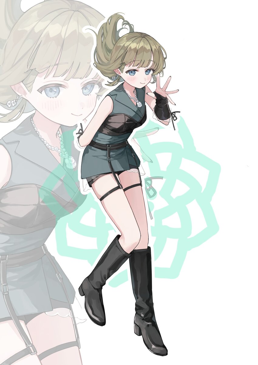 1girl absurdres alternate_costume arm_behind_back arm_warmers black_boots black_shorts blue_eyes boots cattleya_regina_games dress earrings floating_hair flower_earrings full_body garter_straps green_hair hanabusa_lisa hanada_ten highres jewelry knee_boots leaning_forward light_blush looking_at_viewer necklace pearl_necklace short_shorts shorts simple_background sleeveless sleeveless_dress solo standing standing_on_one_leg thigh_strap virtual_youtuber vspo! white_background zoom_layer