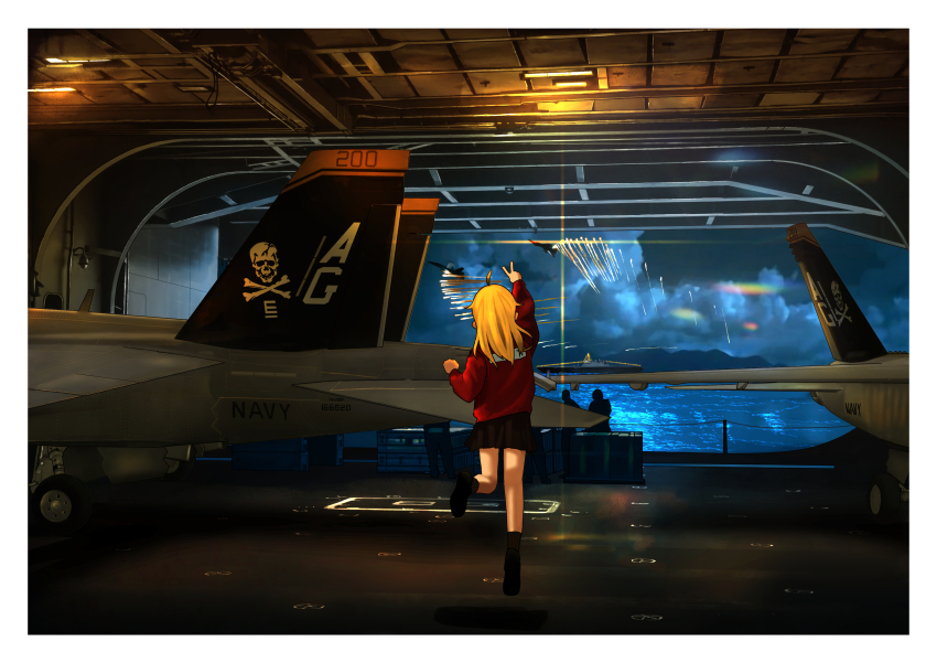 1girl absurdres ahoge aircraft aircraft_carrier airplane black_skirt blonde_hair border commentary_request f/a-18f_super_hornet fighter_jet flares_(countermeasure) from_behind highres jacket leg_up long_hair military_vehicle night original pleated_skirt red_jacket ribbed_socks ship shoes skirt socks timmyyen v warship watercraft white_border wide_shot