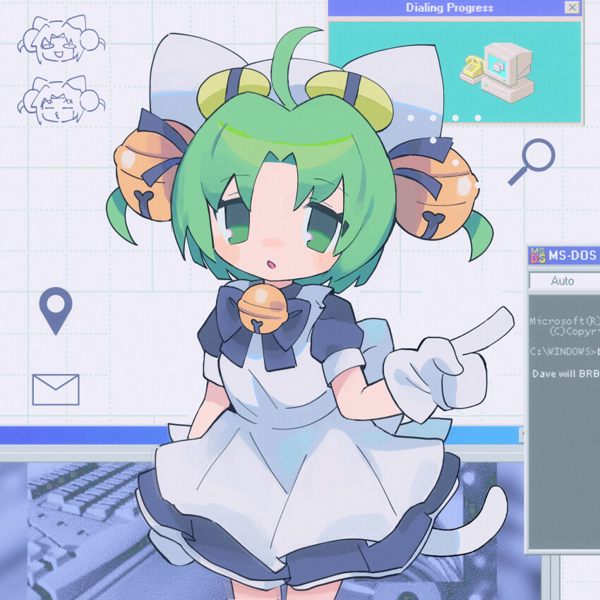 1girl :o ahoge animal_hat bell blush bow cat_girl cat_hat cat_tail dejiko di_gi_charat gloves green_eyes green_hair hair_bell hair_ornament hat highres jingle_bell maid microsoft_windows morizo_(morizoshop) short_hair standing tail window_(computing) windows_98 windows_classic