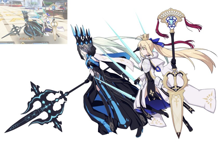 2girls artoria_caster_(fate) artoria_caster_(third_ascension)_(fate) artoria_pendragon_(fate) black_dress black_gloves blonde_hair blue_eyes bow braid crown dress fate/grand_order fate_(series) gloves green_eyes hair_between_eyes hair_bow half_up_braid high_heels highres hwanm_fate long_hair morgan_le_fay_(fate) morgan_le_fay_(queen_of_winter)_(fate) multiple_girls polearm ponytail simple_background spear veil very_long_hair weapon white_hair