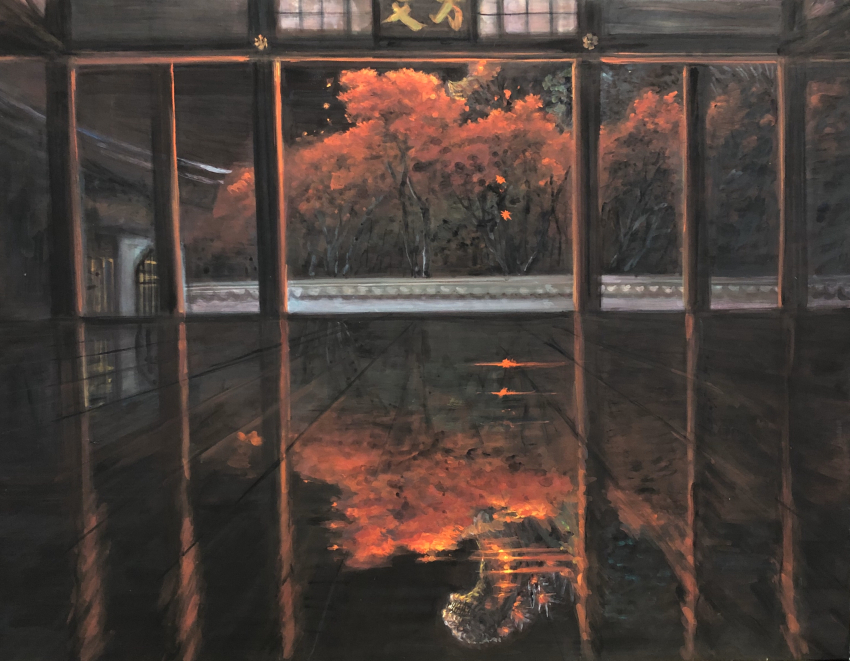 autumn autumn_leaves dinosaur floor forest g.n.a giant giant_monster glowing glowing_spikes godzilla godzilla_(series) godzilla_(shin) highres kaiju leaf mirror_image monster nature night no_humans pond pool reflection sea_monster sharp_teeth shin_godzilla spikes teeth toho tree water wet wet_floor
