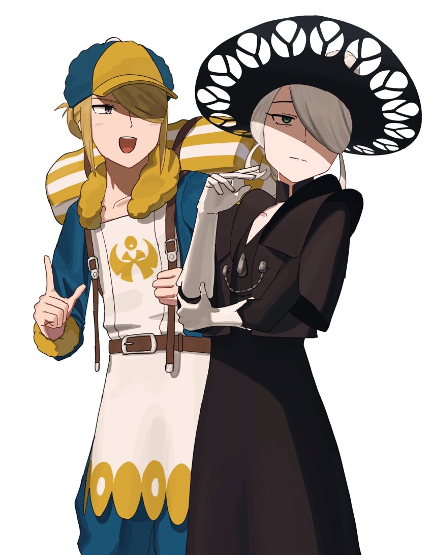 1boy 1girl :d belt black_hat blonde_hair blue_jumpsuit brown_belt chain closed_mouth cogita_(pokemon) dress gloves grey_eyes grey_hair hair_over_one_eye hand_up hat highres holding_strap index_finger_raised jumpsuit light_blush looking_to_the_side nintendo open_mouth pokemon pokemon_legends:_arceus short_hair simple_background smile split_mouth teeth umebosi_nigame upper_teeth_only volo_(pokemon) white_background white_gloves