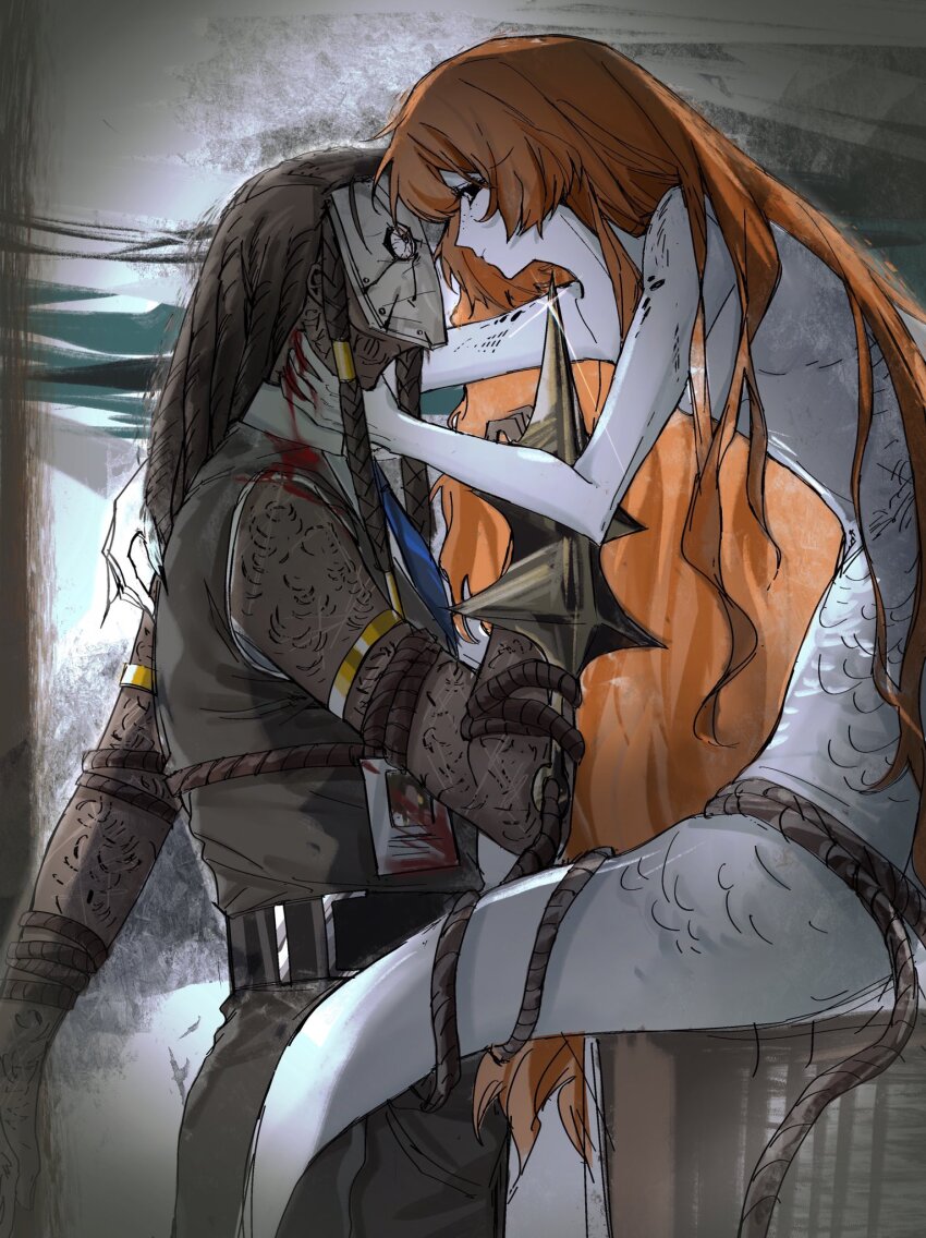 2girls belt black_belt black_sclera blood bloodshot_eyes braided_dreadlocks brown_vest colored_sclera colored_skin cowboy_shot dark-skinned_female dark_skin freckles from_side hand_on_another&#039;s_neck hand_up harpoon highres humian0101 id_card ishmael_(project_moon) limbus_company long_hair mask mermaid mermaid_(project_moon) metal_hair_tubes monster_girl multiple_girls nude orange_hair project_moon queequeg_(project_moon) rope sitting standing very_long_hair vest weapon_to_neck white_skin