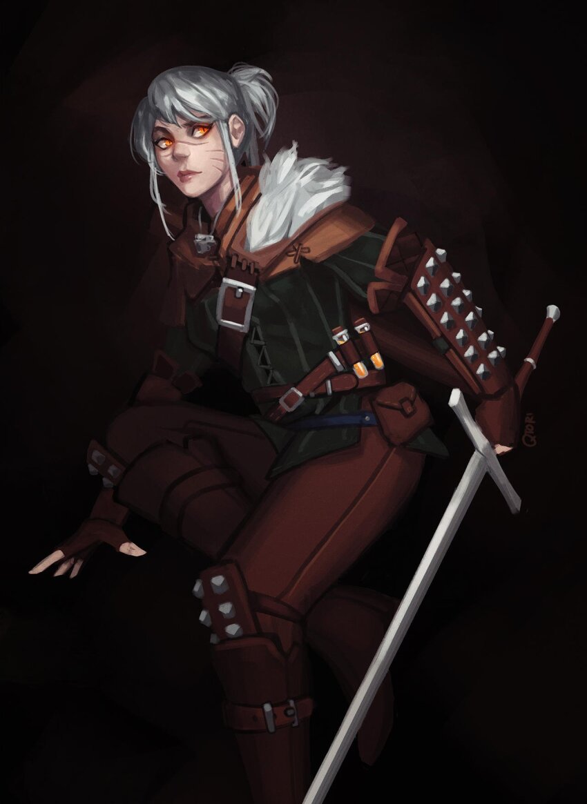 1girl armor brown_gloves brown_pants ciri fingerless_gloves gloves highres holding holding_sword holding_weapon looking_to_the_side orange_eyes pants qtori scar scar_on_face scar_on_nose slit_pupils solo sword the_witcher_(series) the_witcher_4 weapon white_hair witcher_medallion