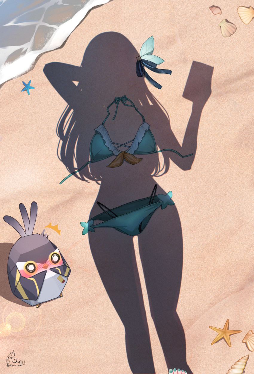 1girl absurdres beach bikini blush cellphone clam commentary_request cross-laced_bikini cross-laced_clothes dressed_shadow_(meme) feet female_pov firefly_(honkai:_star_rail) front-tie_bikini_top front-tie_top green_bikini green_nails hair_ribbon halterneck highres holding holding_phone honkai:_star_rail honkai_(series) long_hair meme nail_polish origami_bird_(honkai:_star_rail) phone pov pov_legs pov_shadow ranran_3939 ribbon shadow signature smartphone starfish swimsuit toenail_polish toenails trailblazer_(honkai:_star_rail) trailblazer_(trailbirder)_(honkai:_star_rail) twitter_username