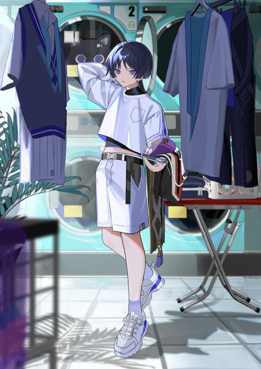 1boy absurdres alternate_costume aqua_necktie arm_at_side arm_up basket belt black_belt black_kimono black_shorts black_undershirt blue_kimono blunt_ends breast_pocket buckle casual clothesline collared_shirt contemporary cropped_shirt cross-laced_shoes full_body genshin_impact gold_trim grey_sweater_vest hair_intakes highres hip_vent holding holding_phone holding_unworn_clothes indoors japanese_clothes juban kimono layered_sleeves long_sleeves looking_at_viewer male_focus midriff_peek necktie open_mouth phone plant pocket pom_pom_(clothes) purple_bag purple_eyes purple_hair red_kimono ribbed_socks rtms scaramouche_(cat)_(genshin_impact) scaramouche_(genshin_impact) shadow shirt shoes short_sleeves shorts snap-fit_buckle sneakers socks solo sweater_vest table tassel three-quarter_sleeves twitter_username unworn_clothes washing_machine white_kimono white_mouth white_shirt white_shorts white_sleeves white_socks white_undershirt wispy_bangs