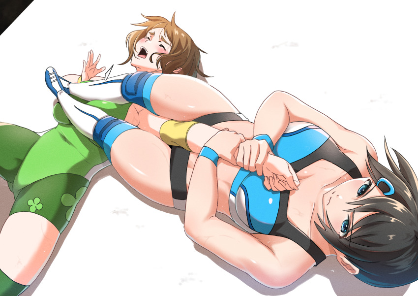 28adg 2girls absurdres blue_eyes boots hair_ornament hairclip highres knee_pads multiple_girls nagano_aoi navel original short_hair wristband
