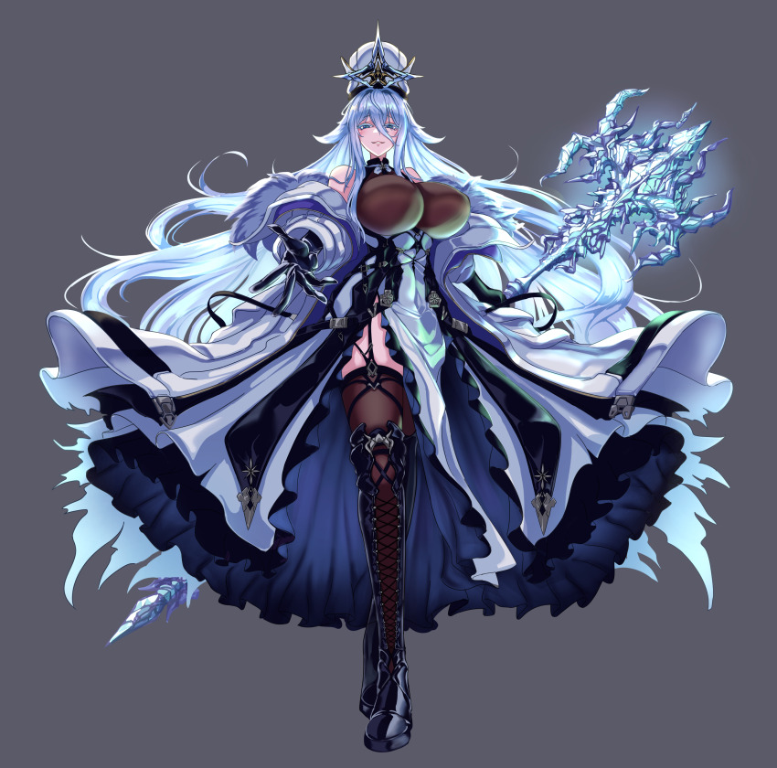 1girl absurdres azur_lane bare_shoulders black_boots black_dress black_garter_straps black_gloves blue_eyes blue_hair boots breasts brown_thighhighs coat_dress cryokinesis dress framed_breasts garter_straps gloves grey_background hair_between_eyes hat highres holding holding_wand huge_breasts knee_boots lace-up_boots layered_dress long_hair long_hair_between_eyes long_sleeves looking_at_viewer outstretched_arm pelvic_curtain rolingblade simple_background solo sovetsky_soyuz_(azur_lane) thighhighs two-tone_dress very_long_hair wand white_dress white_hat