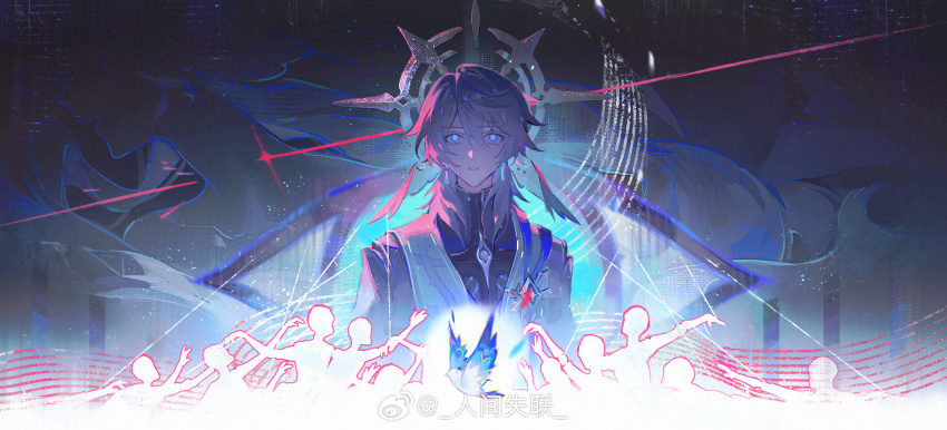 1boy angel_wings bird black_shirt blue_eyes chinese_commentary chromatic_aberration collared_shirt commentary_request cross cross_print feathered_wings grey_hair hair_between_eyes hair_intakes head_wings high_collar highres honkai:_star_rail honkai_(series) light_particles long_sleeves looking_at_viewer male_focus musical_staff parted_lips people renjian_shilian robe robe_partially_removed shirt short_hair_with_long_locks solo staff sunday_(honkai:_star_rail) upper_body vest watermark waves weibo_watermark white_robe white_vest white_wings wings