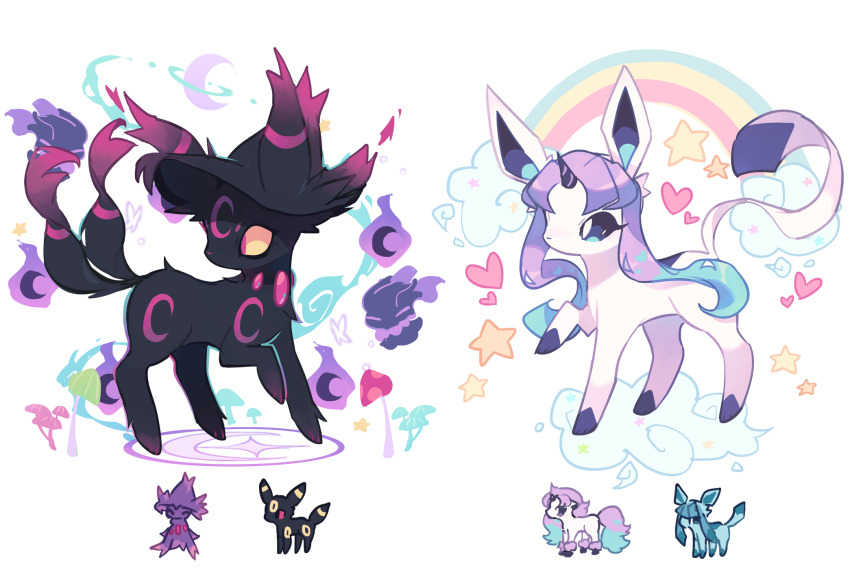 black_fur blue_eyes charamells closed_mouth cloud colored_sclera crescent crescent_facial_mark crescent_moon facial_mark fire forehead_mark forked_tail full_body fusion galarian_form galarian_ponyta gen_2_pokemon gen_4_pokemon gen_8_pokemon glaceon heart highres misdreavus mismagius moon mushroom nintendo no_humans pastel_colors pink_eyes pokemon pokemon_(creature) purple_fire purple_hair rainbow simple_background standing_on_three_legs star_(symbol) tail umbreon unicorn_horn white_background yellow_sclera