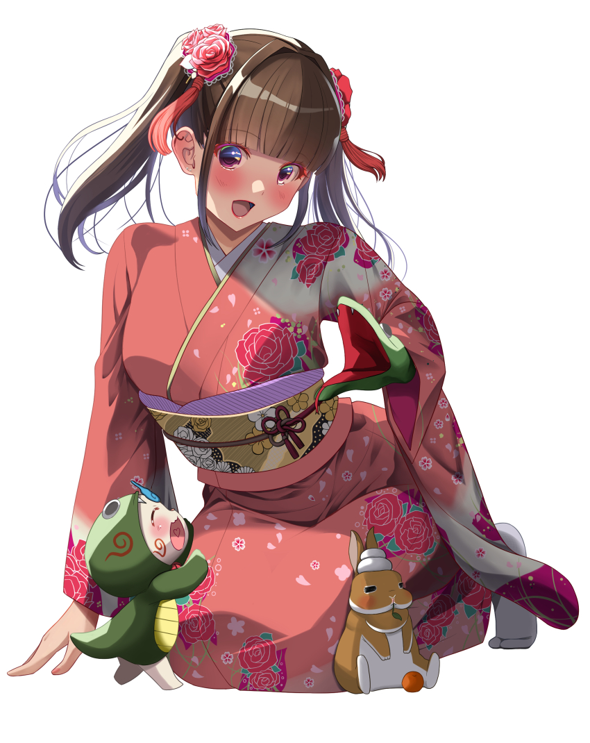 1girl 2025 :d absurdres akihiro0920 ankle_socks blunt_bangs blush brown_hair commentary_request dragon floral_print floral_print_kimono flower full_body geta hair_flower hair_ornament hand_up highres japanese_clothes kimono kneeling komasan long_hair looking_at_viewer nengajou new_year open_mouth original parted_lips pleated_skirt print_kimono purple_eyes rabbit red_kimono red_skirt sidelocks simple_background skirt smile snake_puppet socks solo tamura_yukari twintails white_background white_socks wide_sleeves