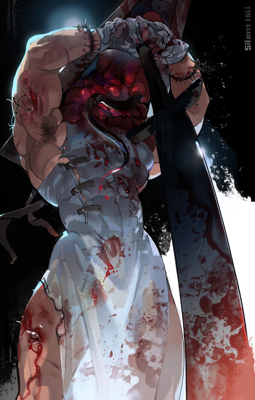 absurdres armpit_hair arms_up black_tongue blood blood_on_body blood_on_clothes bloody_weapon blue_octopus12 body_horror commentary copyright_name covered_abs covered_navel covered_pectorals english_commentary flesh gloves guro helmet highres holding holding_weapon impaled injury long_tongue monster muscular muscular_male pectorals pyramid_head silent_hill_(series) silent_hill_2 stained_clothes thighs thorns tight_clothes tongue torn_clothes weapon white_gloves