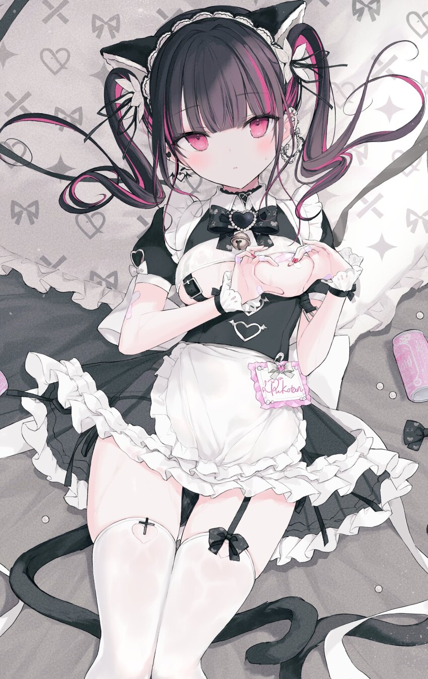 1girl absurdres animal_ears apron back_bow bandaid bandaid_on_arm bandaid_on_hand bandaids_on_nipples bell belt belt_buckle black_belt black_bow black_bowtie black_dress black_hair black_ribbon black_tail blunt_bangs blush bow bowtie breastless_clothes breasts buckle can cat_ears cat_tail character_name collared_dress commentary cowboy_shot cross crossed_bandaids dress dress_bow ear_chain ear_covers ear_piercing earrings fake_animal_ears fake_tail fingernails flower frilled_apron frilled_dress frills garter_straps hair_flower hair_ornament hair_ribbon heart heart_hands heart_in_eye highres indie_virtual_youtuber jewelry jingle_bell latin_cross linked_piercing long_hair looking_at_viewer maid maid_headdress multicolored_hair nail_polish name_tag nanananana parted_lips pasties piercing pink_eyes pink_hair print_bow print_bowtie puffy_short_sleeves puffy_sleeves red_nails ribbon rikotan_(vtuber) safety_pin see-through_clothes see-through_dress short_dress short_sleeves single_ear_cover single_garter_strap solo streaked_hair sweatdrop symbol-only_commentary symbol_in_eye tail thigh_gap thighhighs twintails two-tone_hair virtual_youtuber waist_apron white_apron white_bow white_flower white_ribbon white_thighhighs wrist_cuffs