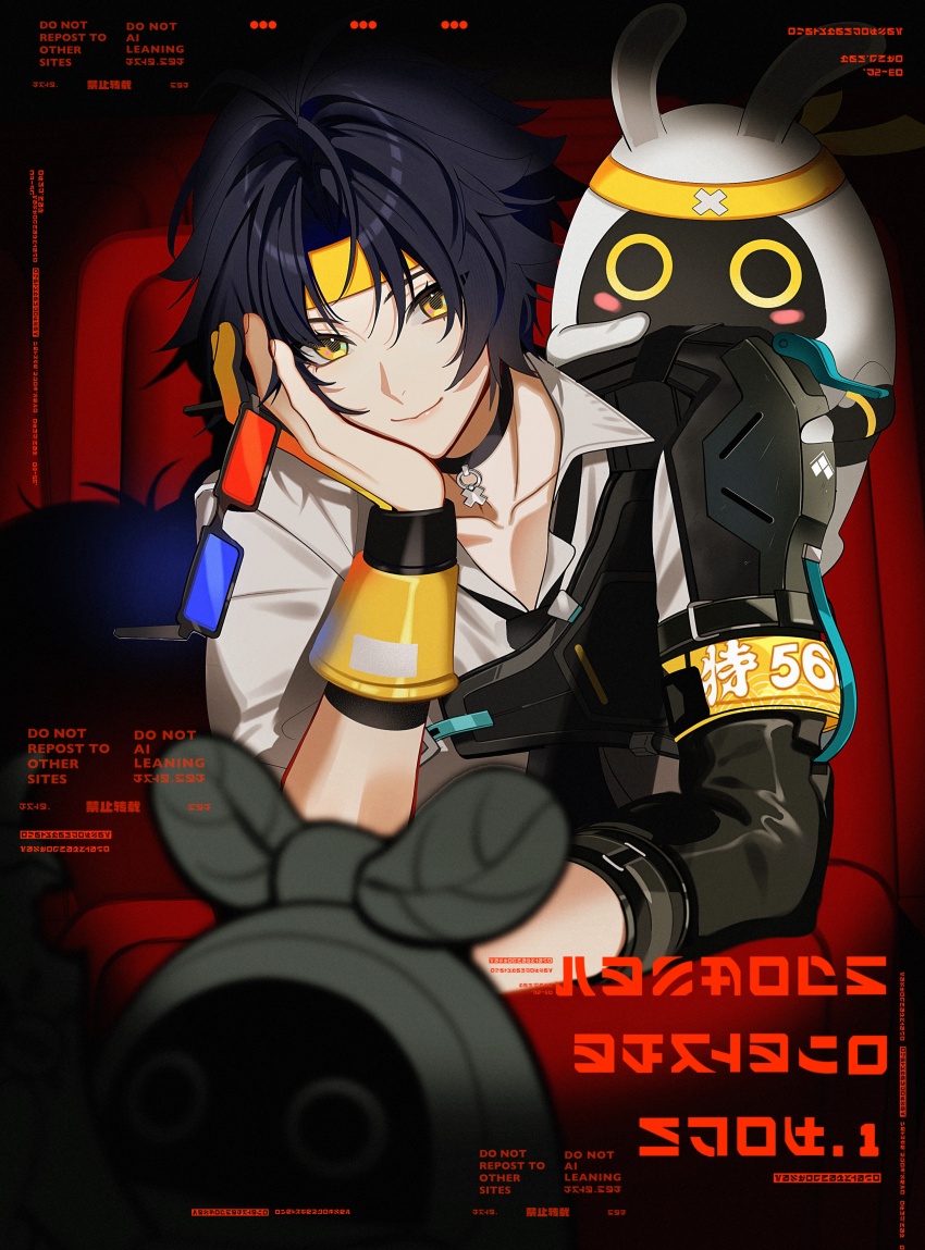 1boy absurdres asaba_harumasa bangboo_(zenless_zone_zero) black_choker black_hair choker hand_on_own_cheek hand_on_own_face headband highres looking_at_viewer male_focus naru9 shirt short_hair sitting smile upper_body white_shirt yellow_headband zenless_zone_zero