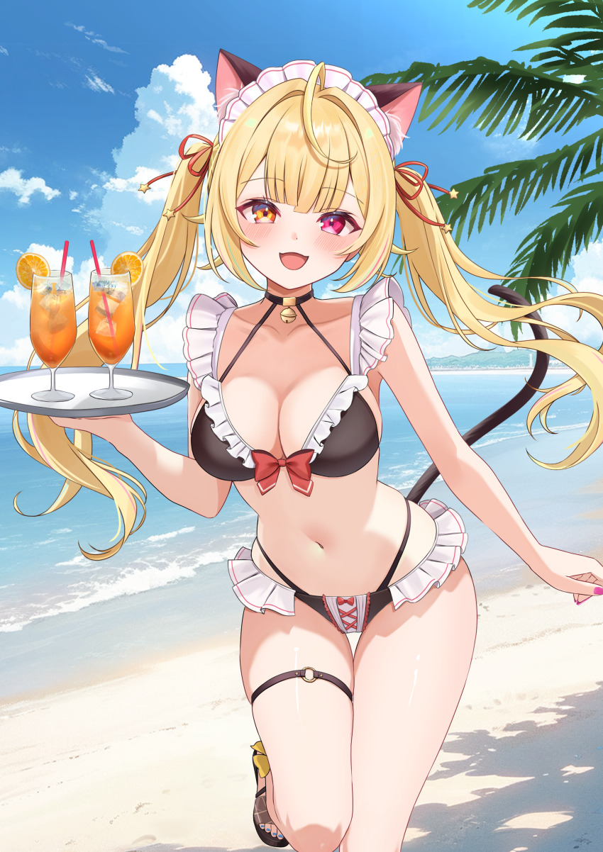 1girl :d absurdres animal_ear_fluff animal_ears beach bell bikini black_bikini blonde_hair breasts cat_ears cat_girl cat_tail center-flap_bangs cleavage commentary_request day double-parted_bangs frilled_bikini frills hair_ribbon heterochromia highres holding holding_tray hoshikawa_sara jingle_bell long_hair looking_at_viewer maid maid_bikini maid_headdress multi-strapped_bikini_bottom multi-strapped_bikini_top navel neck_bell nijisanji o-ring o-ring_thigh_strap open_mouth orange_eyes outdoors red_eyes ribbon sandals smile solo swimsuit tail thigh_gap thigh_strap tray twintails unconventional_maid very_long_hair virtual_youtuber ysnhryk