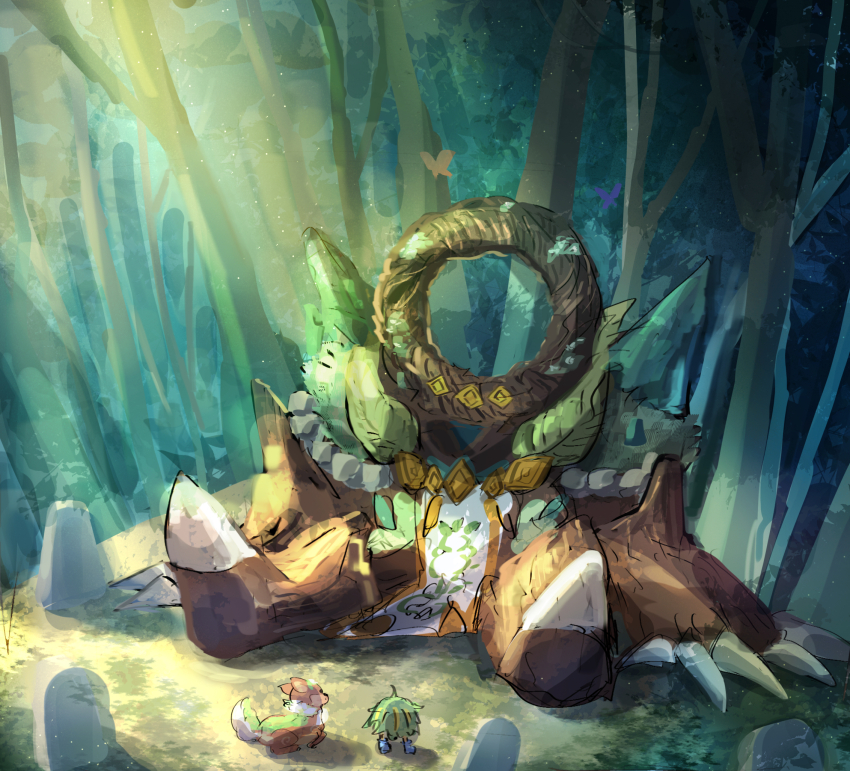 bug butterfly character_request circle_of_the_fairies dappled_sunlight deer duel_monster forest golem griggle hatano_kiyoshi highres insect nature no_humans on_floor sitting sunlight tombstone tree_shade yu-gi-oh!