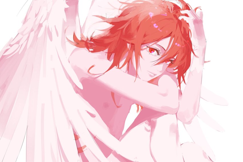 1boy androgynous angel_devil_(chainsaw_man) angel_wings arm_on_knee chainsaw_man commentary hashtag-only_commentary highres knee_up lips long_hair looking_at_viewer male_focus nacarattt nipples nude red_eyes red_hair simple_background skinny solo white_background wings