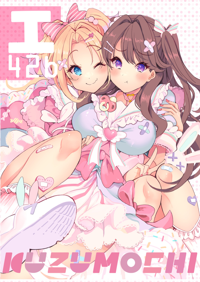 2girls ;) absurdres bandaged_leg bandages bandaid bandaid_hair_ornament bandaid_on_leg blonde_hair blue_dress blue_eyes blush bow breasts brown_hair choker circle_name closed_mouth comiket_104 commentary_request crossed_bandaids dress fang fang_out fujishima_megumi gradient_hair hair_bow hair_ornament hair_ribbon hakuchu_a_la_mode hand_on_another&#039;s_arm heart heart-shaped_bandaid heart_o-ring heart_ring_choker highres hug hug_from_behind kuzu_kow large_breasts link!_like!_love_live! long_hair long_sleeves love_live! multicolored_hair multiple_girls o-ring o-ring_choker official_alternate_costume one_eye_closed osawa_rurino parted_bangs pink_bow polka_dot polka_dot_background pout puffy_short_sleeves puffy_sleeves purple_eyes purple_hair ribbon short_sleeves skin_fang smile striped_ribbon stuffed_animal stuffed_rabbit stuffed_toy translation_request twintails two_side_up v virtual_youtuber white_background white_footwear yuri