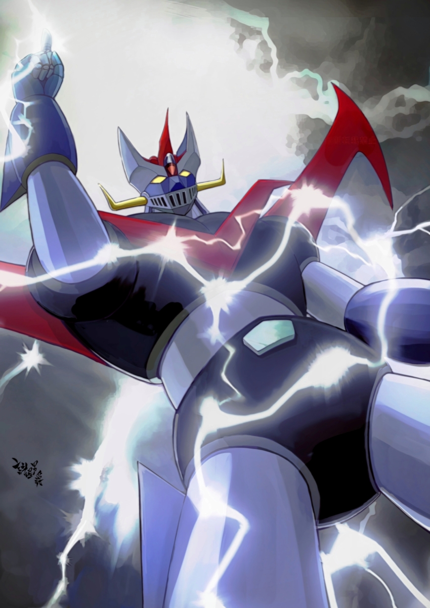 1970s_(style) commentary_request electricity glowing great_mazinger great_mazinger_(robot) highres mazinger_(series) mecha mecha_focus moroboshi_danshaku no_humans oldschool retro_artstyle robot science_fiction signature super_robot yellow_eyes