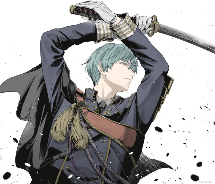 1boy aqua_hair armor asymmetrical_clothes black_cape black_necktie cape closed_mouth gloves gold_trim high_collar holding holding_sword holding_weapon ichigo_hitofuri japanese_armor long_sleeves looking_to_the_side male_focus mint_(kiri0120) necktie sash short_hair shoulder_armor simple_background solo sword tachi_(weapon) tassel touken_ranbu uniform upper_body weapon white_background white_gloves yellow_eyes