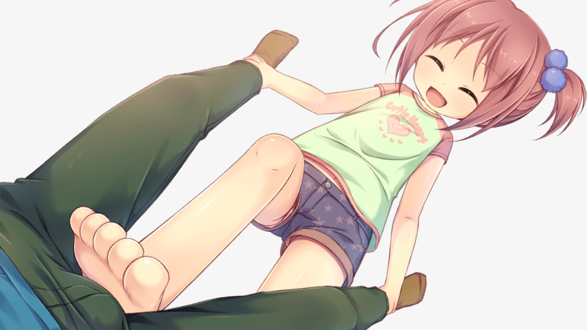 1boy 1girl :d ^_^ ankle_grab aoi_aruma barefoot blue_shirt breasts closed_eyes cowboy_shot crotch_stomping denim denim_shorts denki_anma flat_chest foot_focus footjob_over_clothes from_below game_cg green_pants green_shirt holding_another&#039;s_ankle holding_another&#039;s_foot holding_another&#039;s_legs jissai_no_tokoro kumura_hibari_(jissai_no_tokoro) legs_up loli lying on_back open_mouth pants pink_hair pink_shirt shirt short_hair short_sleeves shorts sidelocks simple_background smile spread_legs standing stepped_on stomping t-shirt transparent_background twintails two-tone_shirt variant_set