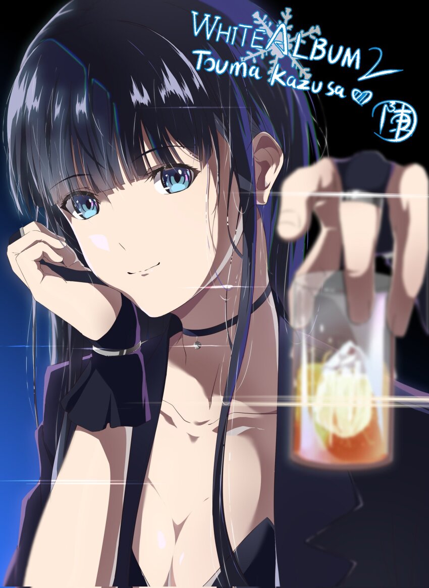 1girl 7l6cup9yzr1xu7d black_background black_choker black_hair blue_background blue_eyes blunt_bangs blurry breasts bridal_gauntlets character_name chinese_commentary choker cleavage closed_mouth collarbone commentary_request copyright_name corrupted_twitter_file cup depth_of_field drink glass glint hand_on_own_cheek hand_on_own_face hands_up heart highres holding holding_cup large_breasts long_hair looking_at_viewer simple_background smile solo straight_hair touma_kazusa two-tone_background upper_body white_album_(series) white_album_2