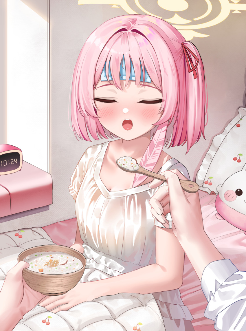 1girl 1other blanket blue_archive blush bowl cherry_print clock closed_eyes cold_pack commentary_request commission feeding fever food food_print fruit_print hair_ribbon halo highres holding holding_bowl holding_spoon ine_(ineinnen) on_bed open_mouth pajamas pillow pink_eyes pink_hair pixiv_commission pov ribbon serina_(blue_archive) short_hair soup spoon stuffed_toy wooden_spoon yellow_halo