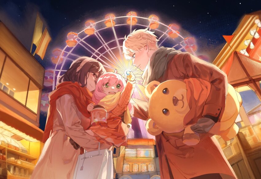 1boy 2girls anya_(spy_x_family) bag black_hair blonde_hair blue_eyes blunt_bangs building carrying carrying_person child doll dule_(anhaidule) family father_and_daughter ferris_wheel gloves green_eyes grey_scarf hair_between_eyes hairband handbag highres holding holding_doll husband_and_wife jacket long_hair long_sleeves looking_at_another mother_and_daughter multiple_girls night night_sky outdoors pink_hair red_eyes red_scarf scarf sidelocks sky smile spy_x_family twilight_(spy_x_family) white_hairband yellow_scarf yor_briar