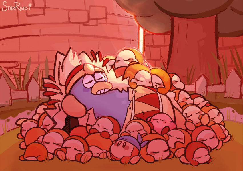 bandana bandana_waddle_dee blue_bandana closed_eyes colored_skin fence grass highres king_dedede kirby kirby_(series) kirby_and_the_forgotten_land nintendo no_humans pink_skin signature sleeping solid_oval_eyes starroad too_many tree waddle_dee