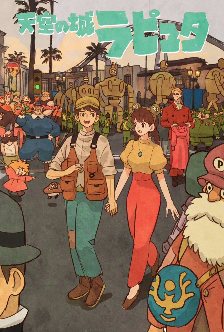 4girls 6+boys ascot bag beard belt brown_hair brown_vest child commentary_request dola_(laputa) facial_hair formal_clothes general_mouro glasses grey_hair hara_motoro hat henri_(laputa) high-waist_pants highres holding holding_hands holding_unworn_clothes jewelry laputa_robot long_mustache louis_(laputa) lui_(tenkuu_no_shiro_laputa) madge_(laputa) military_uniform mr._duffi mrs._duffi multiple_boys multiple_girls multiple_others muska muska&#039;s_bodyguard mustache necklace open_mouth outdoors palm_tree pants pazu pendant puffy_short_sleeves puffy_sleeves robot running sheeta short_hair short_sleeves shoulder_bag sky smile suit sunglasses takeuchi_ryousuke tank_top teeth tenkuu_no_shiro_laputa tree twintails uncle_pom upper_teeth_only vest white_ascot white_hair white_tank_top