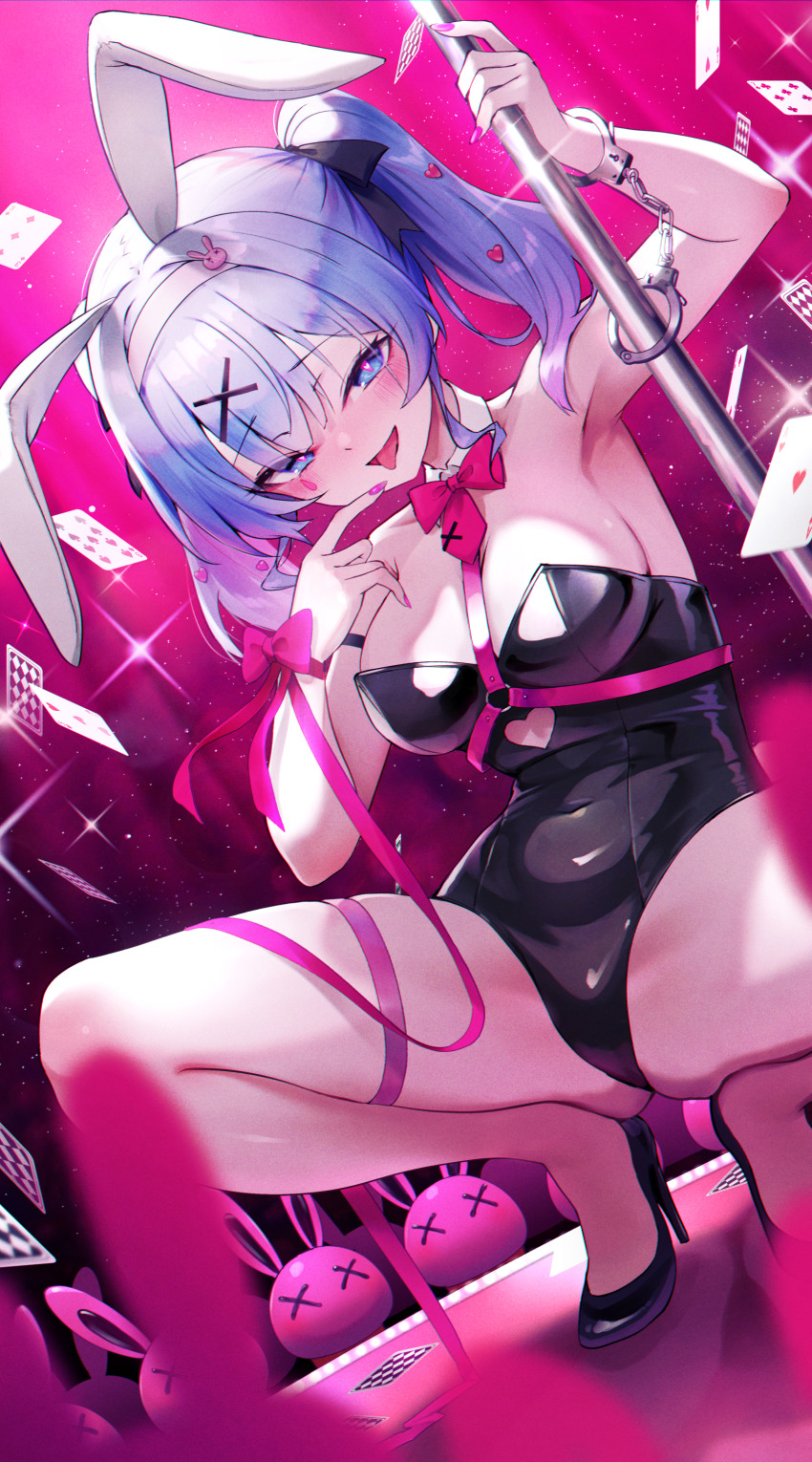 1girl :d absurdres ace_(playing_card) ace_of_hearts animal_ears arm_up armpits black_footwear black_leotard black_ribbon blue_eyes blue_hair blurry blurry_foreground bow bowtie breasts card clothing_cutout commentary covered_navel cuffs cutout_above_navel detached_collar full_body gradient_hair hair_ornament hair_ribbon hairband hand_to_own_mouth handcuffs hatsune_miku heart heart-shaped_pupils heart_cutout heart_hair_ornament high_heels highres kai_(esugi) leotard looking_at_viewer multicolored_hair nine_of_spades open_mouth pink_bow pink_bowtie pink_hair pink_nails pink_pupils playboy_bunny playing_card pole pumps rabbit_ears rabbit_hole_(vocaloid) ribbon seven_of_clubs smile squatting strapless strapless_leotard stripper_pole symbol-shaped_pupils teardrop_facial_mark thigh_strap three_of_diamonds three_of_hearts tongue tongue_out twintails two_of_hearts vocaloid white_hairband wrist_bow x_hair_ornament x_x