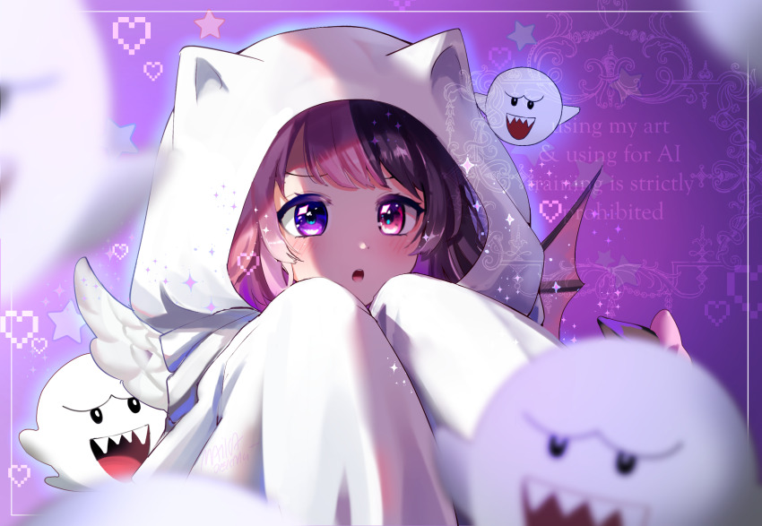 1girl amaki_pururu angel_wings animal_ear_hood bat_wings black_hair blush boo_(mario) fake_animal_ears heart heterochromia highres hood hood_up maika_(maikaoekaki) multicolored_hair open_mouth pink_eyes pink_hair purple_background purple_eyes reject_(esports) sleeves_past_fingers sleeves_past_wrists solo split-color_hair teeth two-tone_hair virtual_youtuber watermark white_hood wings