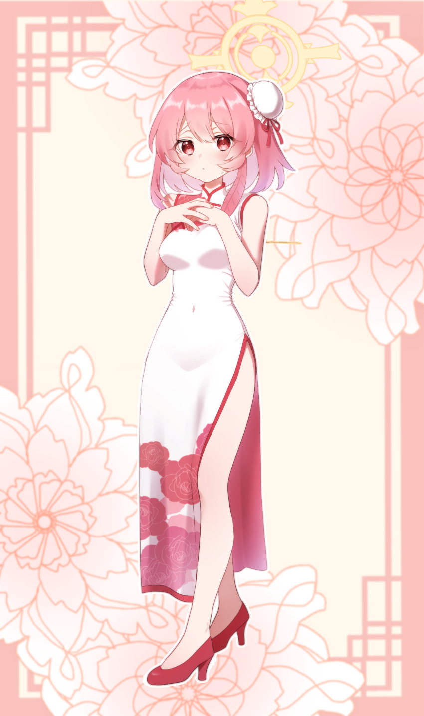 1girl absurdres ando_(user_hyza3545) bare_arms bare_shoulders blue_archive breasts bun_cover china_dress chinese_clothes covered_groin covered_navel dress floral_background floral_print flower full_body hair_between_eyes hair_bun halo hands_on_own_chest hands_up high_heels highres light_blush long_dress looking_at_viewer medium_breasts medium_hair parted_lips pink_background pink_hair raised_inner_eyebrows red_dress red_eyes red_flower red_ribbon red_shoes ribbon serina_(blue_archive) shoes single_side_bun sleeveless sleeveless_dress solo standing white_dress yellow_background yellow_halo