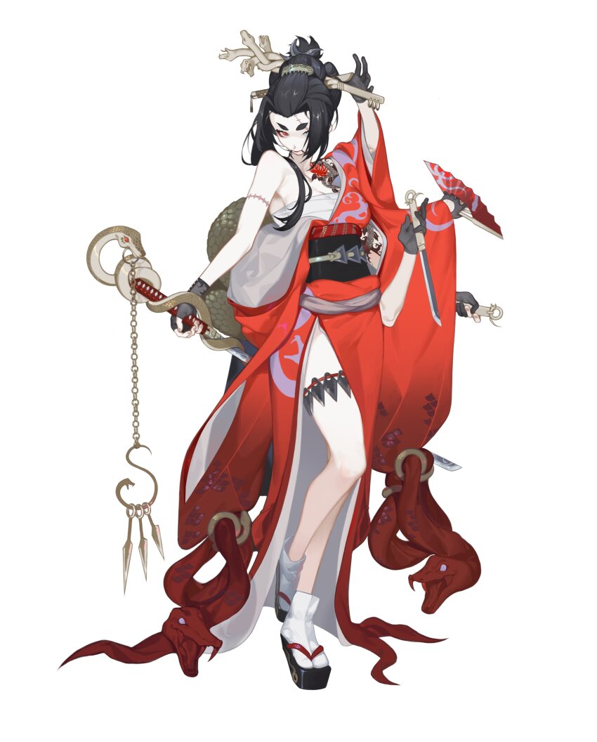 1girl absurdres black_gloves black_hair breasts chain cleavage crossed_legs dagger dual_wielding extra_arms full_body geta gloves hadanugi_dousa hair_ornament hair_stick hand_fan head_down highres hikimayu holding japanese_clothes kimono knife kunai medium_breasts nihongami okobo open_clothes open_kimono original paper_fan platform_clogs platform_footwear platform_sandals red_eyes red_kimono sandals sarashi scar scar_across_eye scar_on_arm scar_on_face sideways_glance simple_background snake snake_hair_ornament socks solo standing standing_on_one_leg stitched_face stitches sword tabi tachi-e tattoo triple_wielding turning_head watson_cross weapon white_background wo_xuyao_jiashui